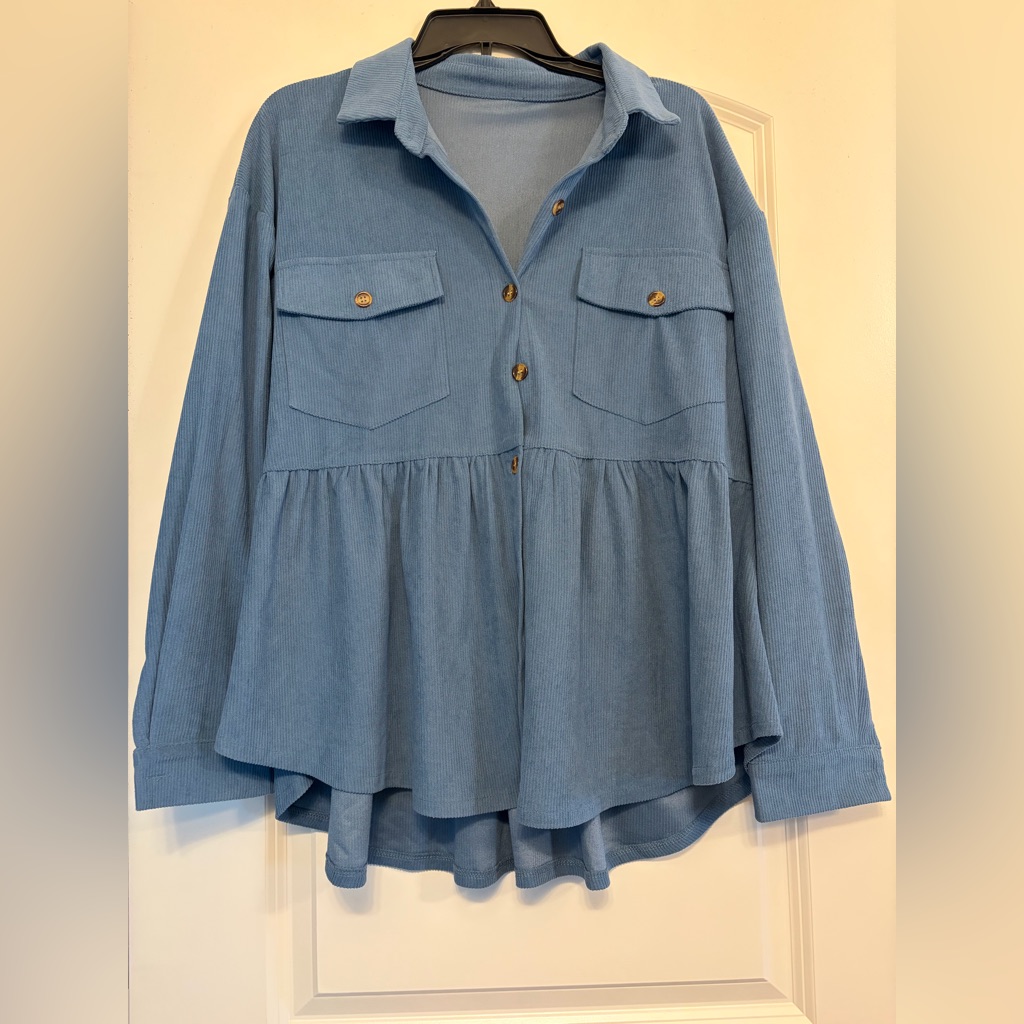 Shein Sky Blue Button-Front Peplum Shirt With Chest Pockets